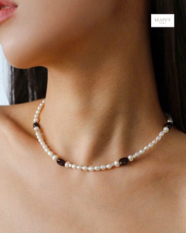MV2112- Dây chuyền đôi trai trắng mix thạch lựu