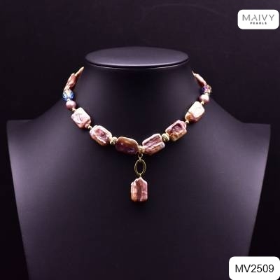 MV2509 - Dây chuyền ngọc trai baroque hình chữ nhật màu hồng ánh tím kèm mặt