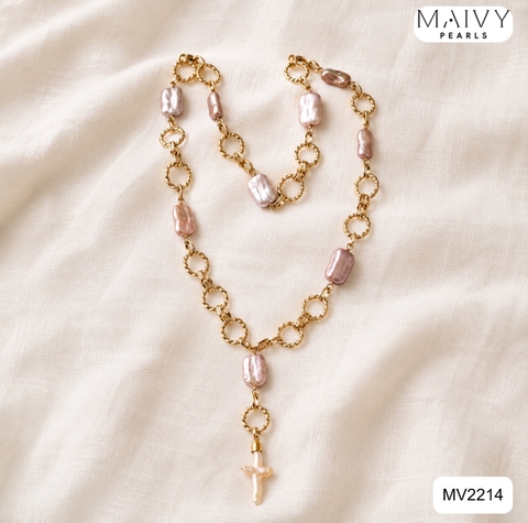 MV2214 - Dây Chuyền Baroque Vuông Màu Hồng Ánh Tím Cách Điệu Mặt Ngọc Trai Hình Thánh Giá