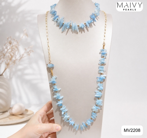 MV2208 - Set Hải Lam Ngọc Gồm 2 Dây Chuyền Dài/ Ngắn Và Bông Tai