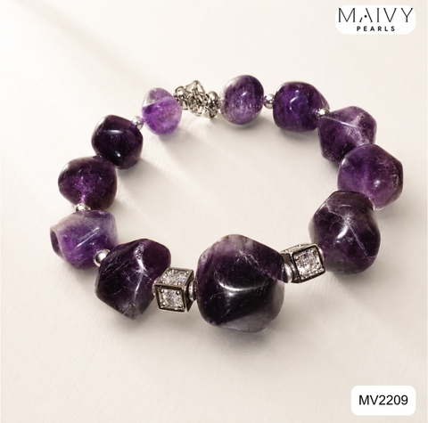 MV2209 - Lắc Tay Thạch Anh Tím Khối Mix Charm Bạc 925