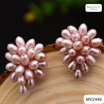 MV2449- Bông tai trai gạo hồng ánh tím dáng chùm