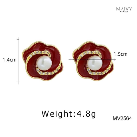 MV2564 - bông tai hoa đỏ nữ tính đính ngọc trai tròn trắng sz 5-6mm