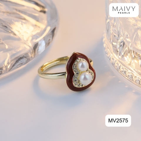 MV2575- Nhẫn mặt lá bồ đề nhấn 2 viên trai trắng sz 5mm