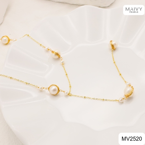 MV2520 - Dây chuyền ngọc trai trắng sz 10-12cm quấn viền cách điệu dáng dài