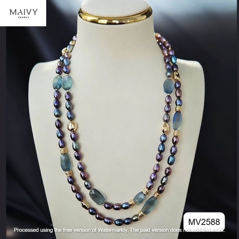 MV2588 - Dây chuyền ngọc trai gạo màu lông công mix đá thạch anh xanh dài 90cm