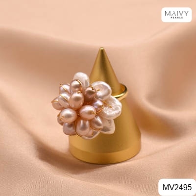 MV2495 - Nhẫn ngọc trai keshi mix trai gạo hồng ánh tím kết chùm hoa