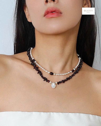 MV2112- Dây chuyền đôi trai trắng mix thạch lựu