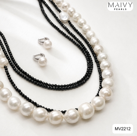 MV2212 -Set Chuỗi Đá Spinel Đen Mix Ngọc Trai Trắng Dáng Dài Và Bông Tai Ngọc Trai