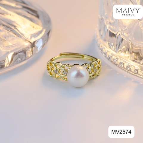 MV2574 - Nhẫn bạc 925 mạ vàng 18k nhấn ngọc trai ngọt màu trắng size 7mm