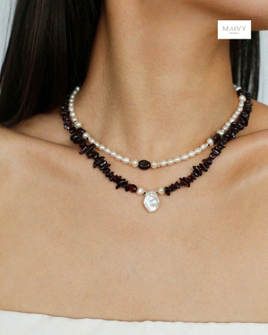 MV2112- Dây chuyền đôi trai trắng mix thạch lựu
