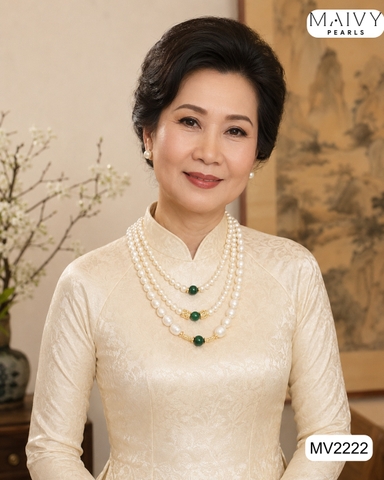 MV2222 - Dây Chuyền Ngọc Trai Trắng Nhấn Đá Xanh Dáng Tròn Và Gạo