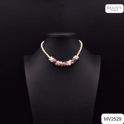 MV2529 - Set ngọc trai trắng mix đá thạch anh tím kết chùm mặt gồm dây chuyền/lắc tay/bông tai