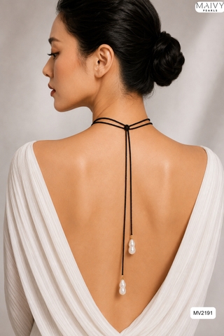 MV2191 - Dây Chuyền Đá Spinel Đen Size Nhí Hở 2 Đầu Dài 180cm Nhấn Trai Baroque Trắng