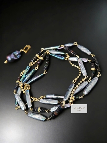 MV2160 - Dây Chuyền Trai Baroque Dài Kèm Mặt Màu Lông Công Dáng Dài