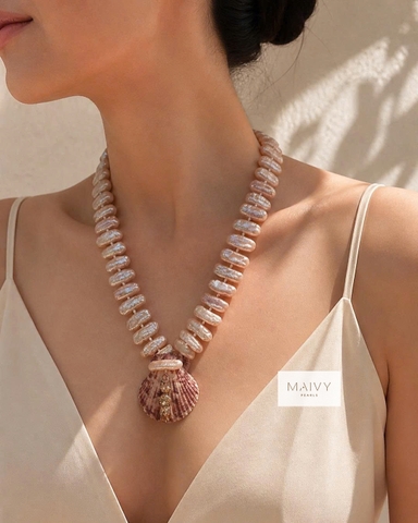 MV2175 - DÂY CHUYỀN KESHI LÁ DÀI MẶT VỎ SÒ