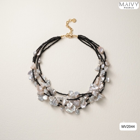 MV2044 | Set Dây Chuyền Keshi Và Bông Tai Ngọc Trai Baroque Phối Đá Spinel Đen Thời Thượng