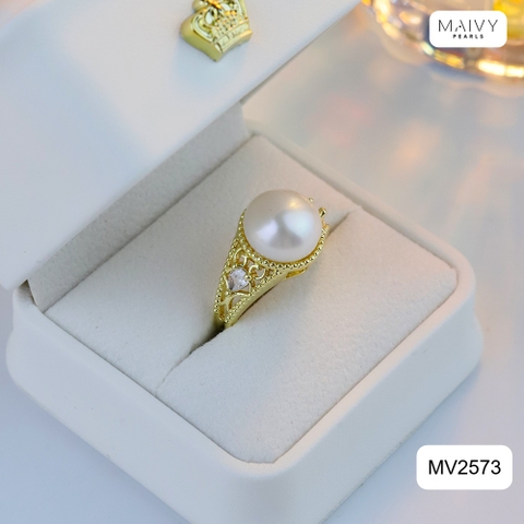 MV2573 - Nhẫn bạc 925 mạ vàng 18k nhấn viên ngọc trai ngọt sz 10mm freesize