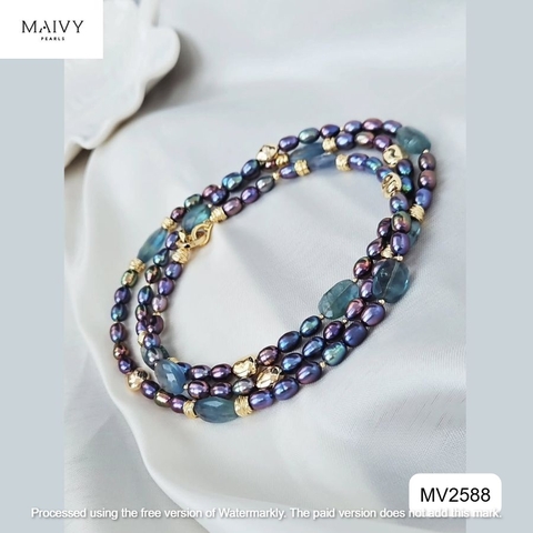 MV2588 - Dây chuyền ngọc trai gạo màu lông công mix đá thạch anh xanh dài 90cm