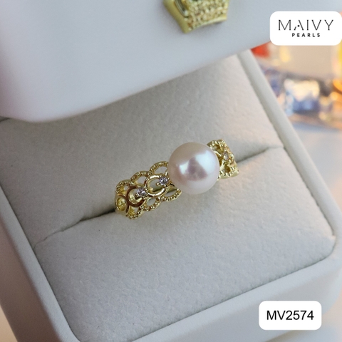 MV2574 - Nhẫn bạc 925 mạ vàng 18k nhấn ngọc trai ngọt màu trắng size 7mm