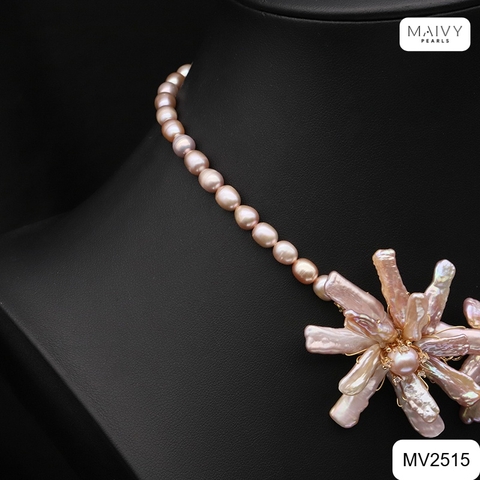 MV2515 - Dây chuyền trai hồng ánh tím nhấn mặt 3 hoa lớn Nàng Thơ