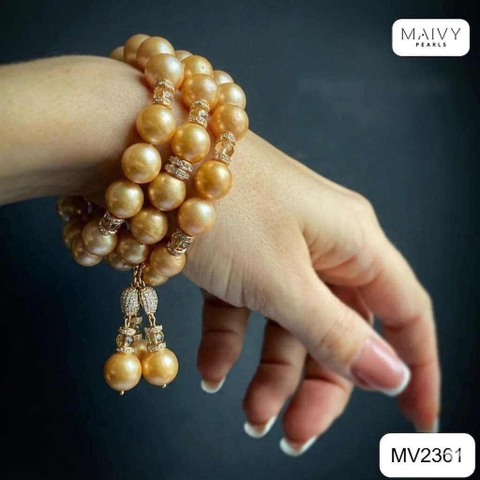 MV2361- Set dây chuyền 3 sợi trai vàng mix charm và bông tai