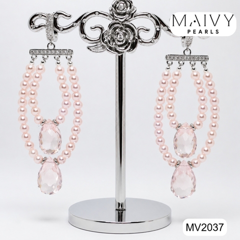 MV2037 - Set Ngọc Trai Lắc Tay / Bông Tai Màu Hồng Nhiều Sợi