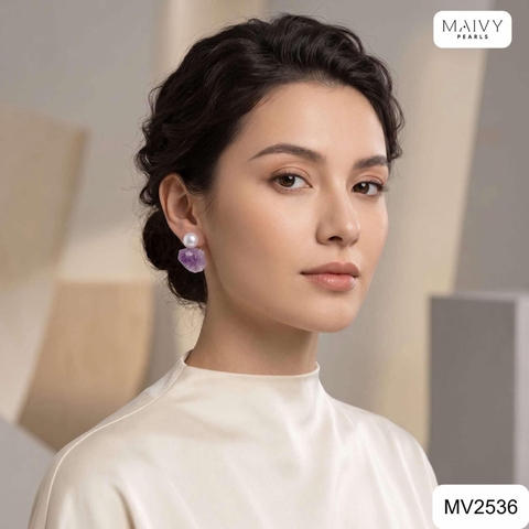 MV2536 - Bông tai ngọc trai trắng mix đá thạch anh tím thô