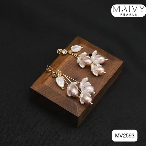 MV2593 - Bông tai ngọc trai hồng ánh tím mix xà cừ
