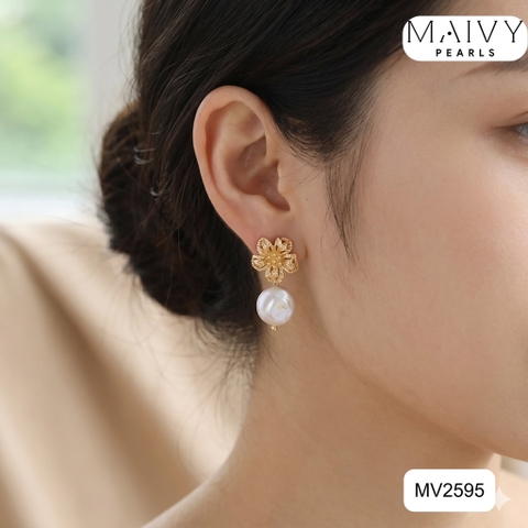 MV2595 - Bông tai ngọc trai cúc áo màu trắng mix đế hoa bạc 925 mạ vàng 18k