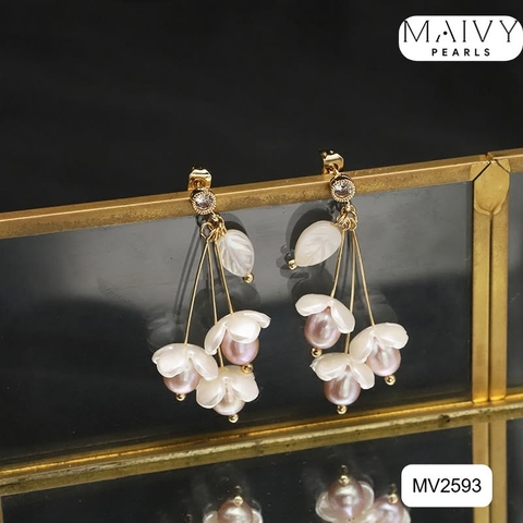 MV2593 - Bông tai ngọc trai hồng ánh tím mix xà cừ
