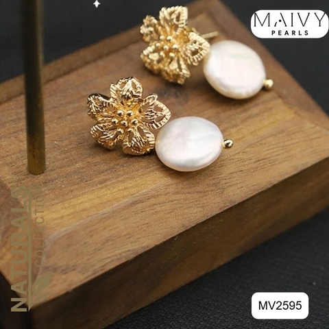 MV2595 - Bông tai ngọc trai cúc áo màu trắng mix đế hoa bạc 925 mạ vàng 18k