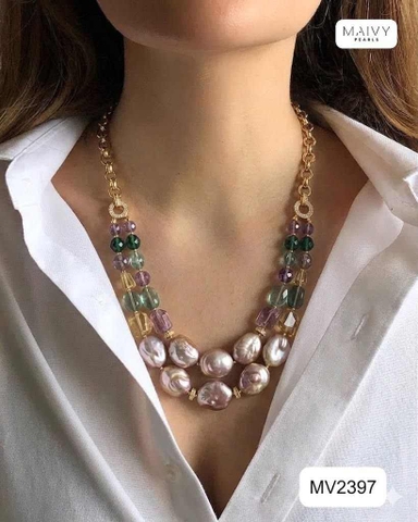 MV2397- Set Dây chuyền đôi Baroque hồng ánh tím mix đá đa sắc và lắc tay