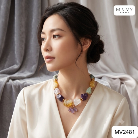 MV2481 - Dây chuyền,  Lắc tay đá thạch anh khối thô mix nhiều màu
