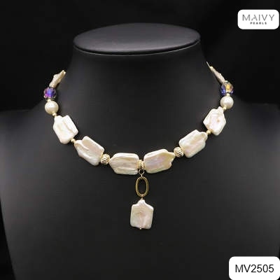 MV2505 - Dây chuyền ngọc trai baroque chữ nhật trắng mix phale có mặt dáng chocker
