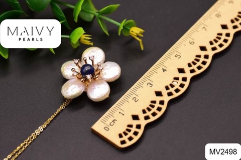 MV2498- Dây chuyền bạc 925 mạ vàng 18k mặt ngọc trai trắng kết hoa nhụy đá xanh dương