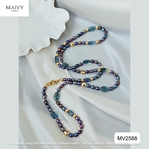 MV2588 - Dây chuyền ngọc trai gạo màu lông công mix đá thạch anh xanh dài 90cm