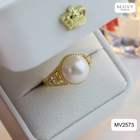 MV2573 - Nhẫn bạc 925 mạ vàng 18k nhấn viên ngọc trai ngọt sz 10mm freesize