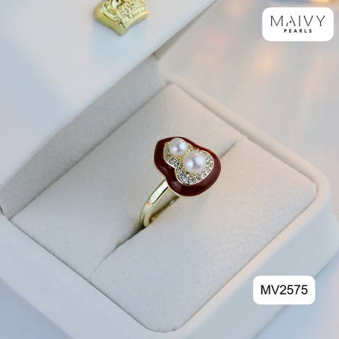 MV2575- Nhẫn mặt lá bồ đề nhấn 2 viên trai trắng sz 5mm
