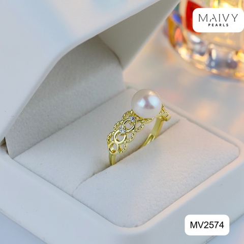 MV2574 - Nhẫn bạc 925 mạ vàng 18k nhấn ngọc trai ngọt màu trắng size 7mm