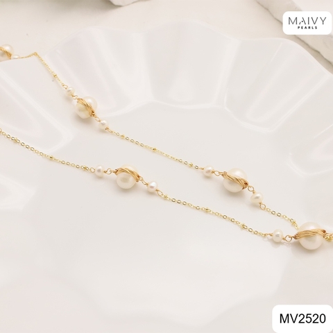 MV2520 - Dây chuyền ngọc trai trắng sz 10-12cm quấn viền cách điệu dáng dài