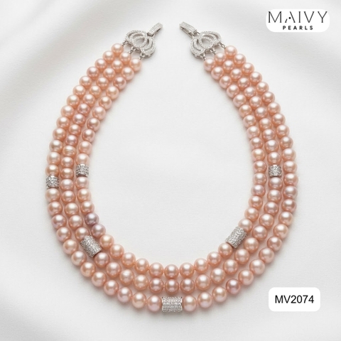 MV2074 - Dây Chuyền Ngọc Trai Hồng Ánh Tím Size 8-9mm 3 Sợi