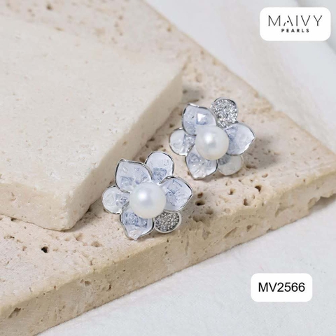 MV2566 - bông tai hoa xám nhạt mix ngọc trai trắng size 5-6mm