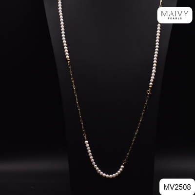 MV2508 - Dây chuyền ngọc trai trắng 4-5mm mix bạc 925 mạ vàng 18k quấn được 2 vòng
