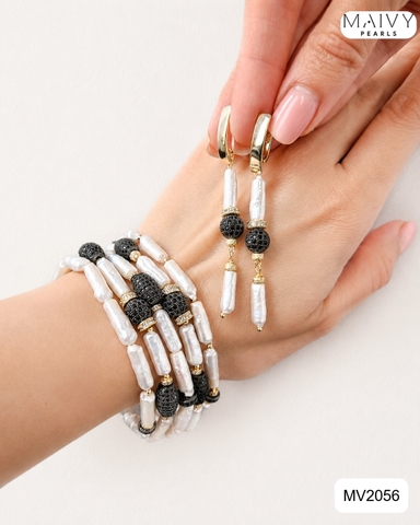 MV2056 - Set Lắc Tay 5 Sợi / Bông Tai Ngọc Trai Baroque Dài Trắng mix Đá Đen