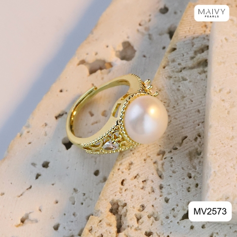 MV2573 - Nhẫn bạc 925 mạ vàng 18k nhấn viên ngọc trai ngọt sz 10mm freesize