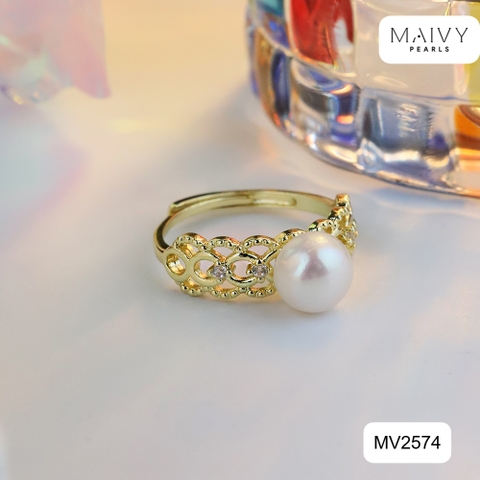 MV2574 - Nhẫn bạc 925 mạ vàng 18k nhấn ngọc trai ngọt màu trắng size 7mm