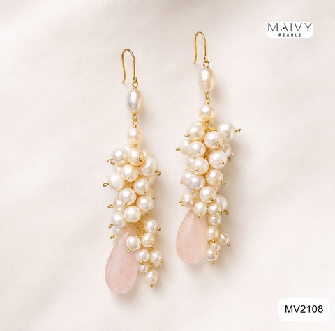 MV2218 - Bông Tai Ngọc Trai Trắng Mix Thạch Anh Hồng Kết Chùm.