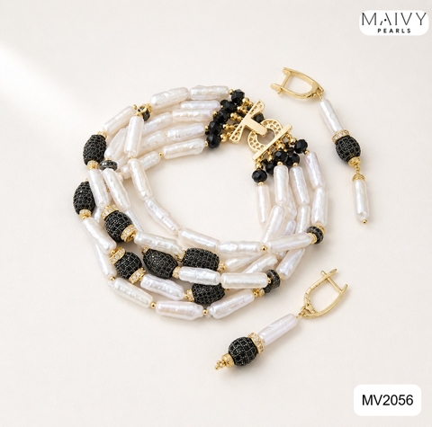 MV2056 - Set Lắc Tay 5 Sợi / Bông Tai Ngọc Trai Baroque Dài Trắng mix Đá Đen