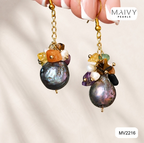 MV2216 - Bông Tai Trai Baroque Lông Công Mix Đá Tự Nhiên